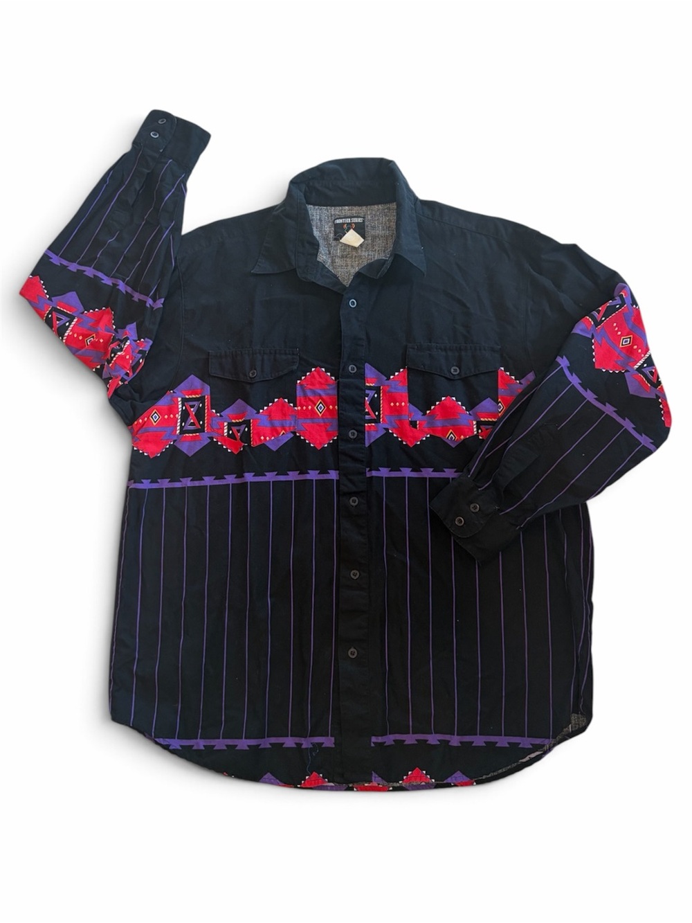 Frontier Series 90’s Vintage Mens Large Western Button-Up Shirt Black/Red/Purple